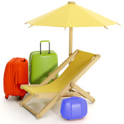 Three different colored bags and beach furniture